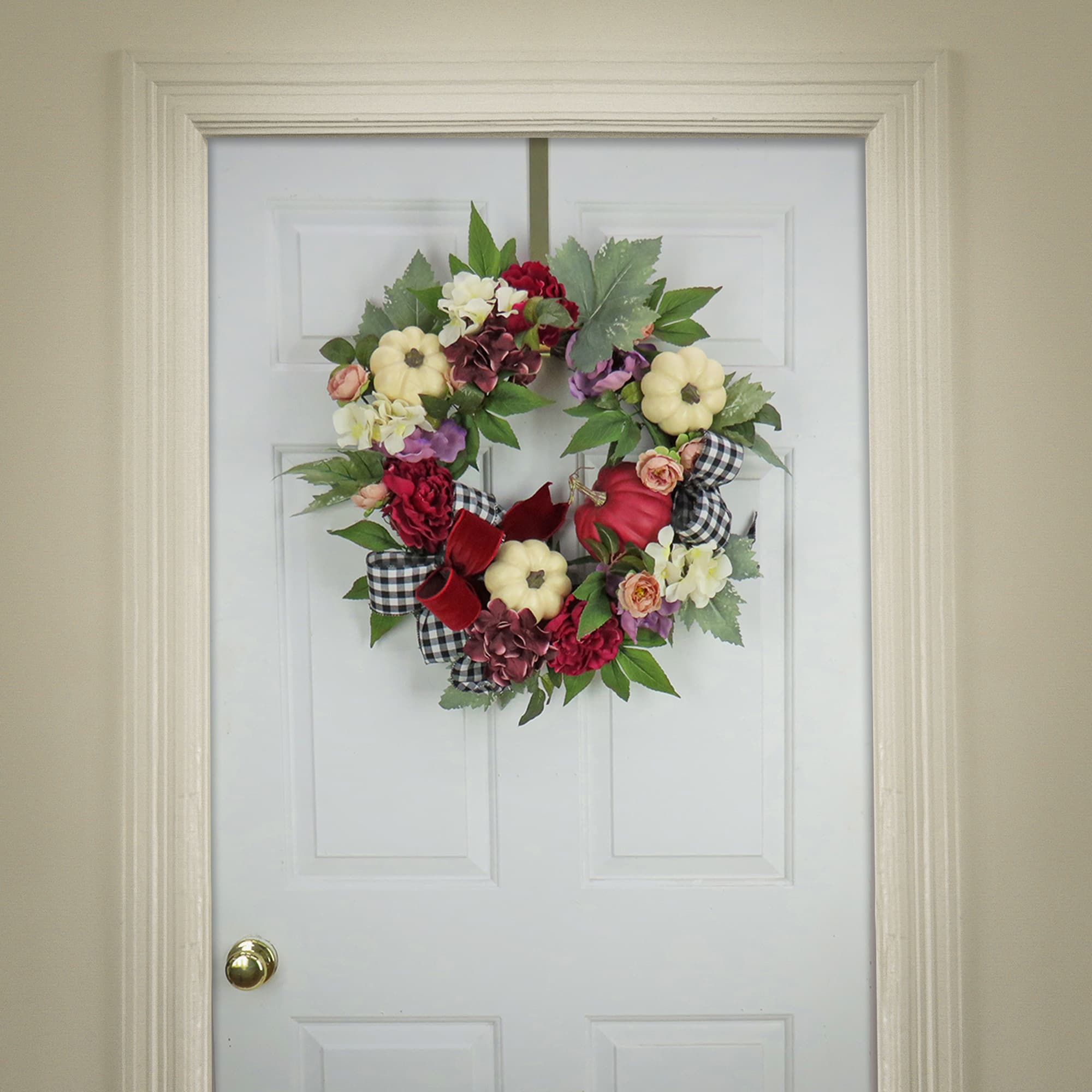 22" Harvest Wreath Decoration with Peony, Pumpkin and Bow